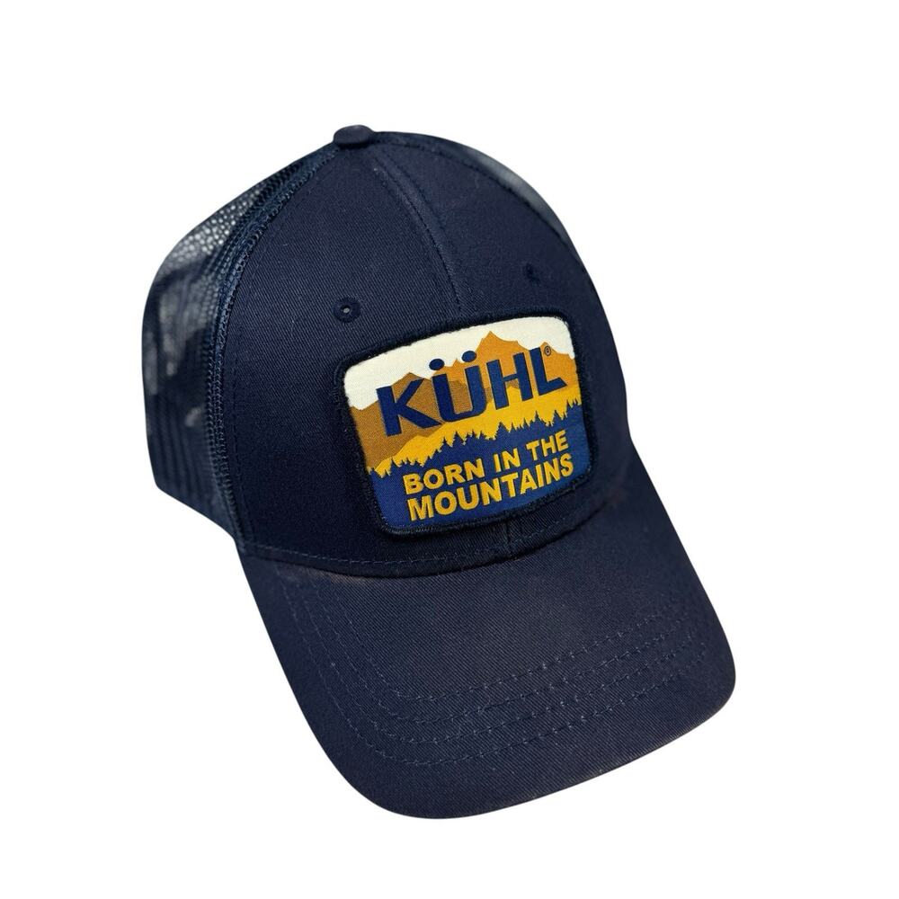 KUHL Mens Navy Blue Mesh Snap back Ridge Trucker Pirate Patch Logo Hat Cap